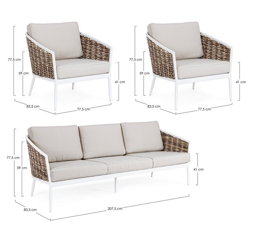 MARIBELA WHITE YK11 SOFA SET W-CUSH - A 77.5a - 83.5b - 77.5h - 41h1 - 59h2  / B 207.5a - 83.5b - 77.5h - 41h1 - 59h2