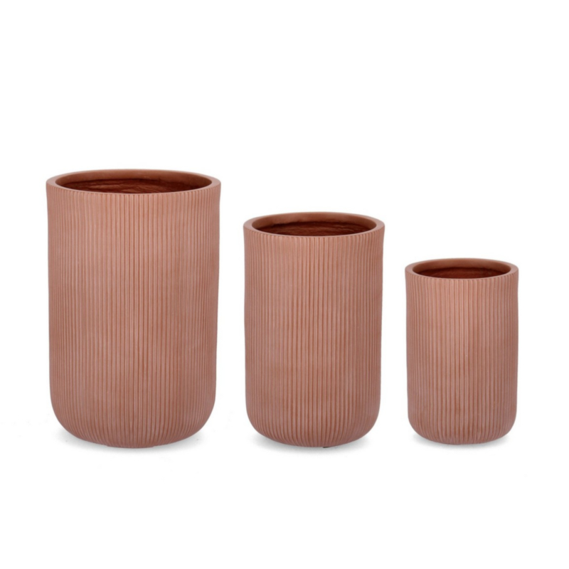 SET3 PORTE-VASE RIBBED RD TERRACOTTA