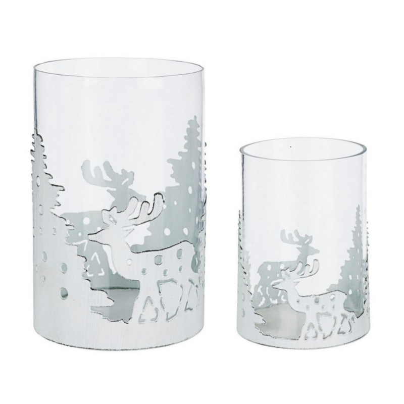 SET2 GRACY GLASS WHITE CYL DEER CANDLE H