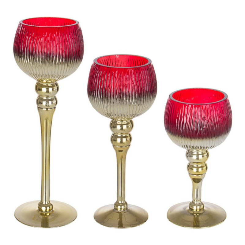 SET3 EMPIRE GOLD-RED FLUTE CANDLE HOLDER