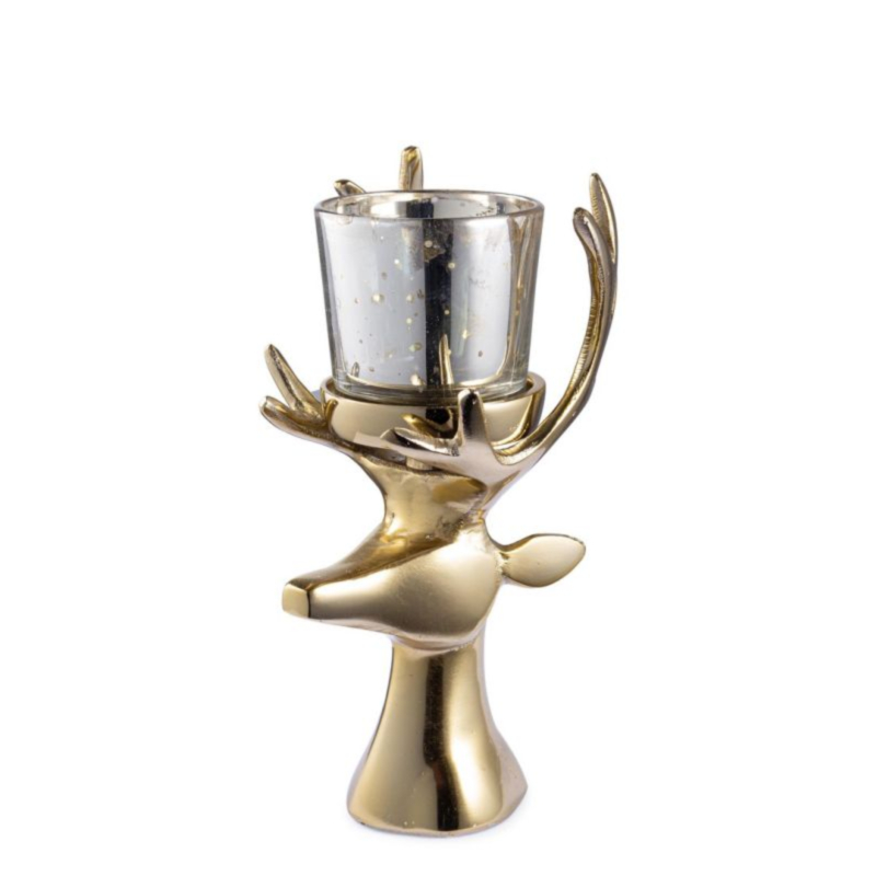 GLOWER GOLD REINDEER HEAD CANDLE HOLD.1P