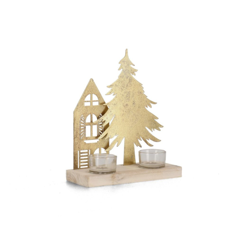 DWELLING GOLD HOUS-PINE CANDLE HOLDER 2P